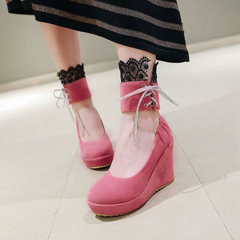 Women's Chunky Sole Platform Suede Round Toe Wedge High Heel Lace-Up Pumps Closed-Toe Dress Heels Wedding Guest Cocktail Party