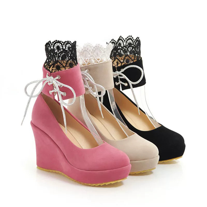 Women's Chunky Sole Platform Suede Round Toe Wedge High Heel Lace-Up Pumps Closed-Toe Dress Heels Wedding Guest Cocktail Party