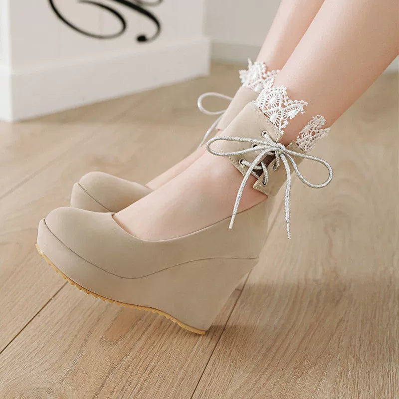 Women's Chunky Sole Platform Suede Round Toe Wedge High Heel Lace-Up Pumps Closed-Toe Dress Heels Wedding Guest Cocktail Party