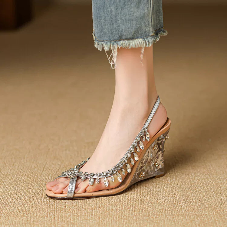 Women's Clear Open Toe Crystal Wedge High Heel French-Inspired Sandals for Summer Weddings Beach Vacation Everyday Wear Travel Office