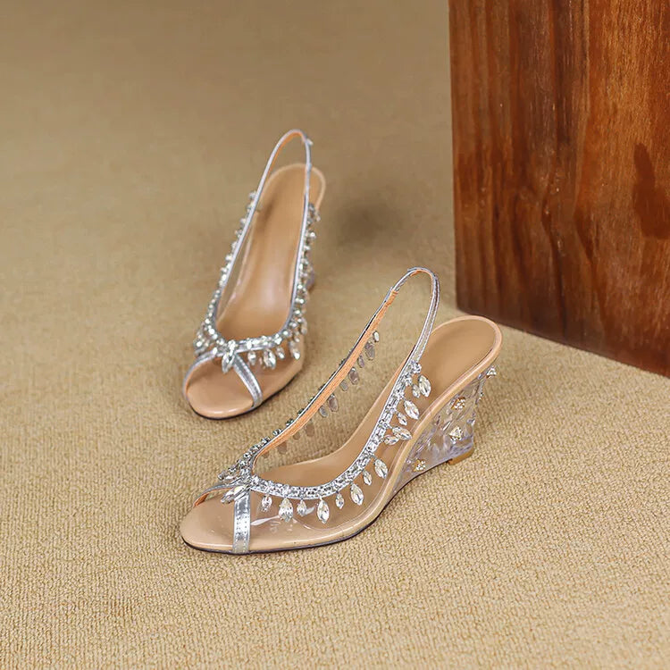 Women's Clear Open Toe Crystal Wedge High Heel French-Inspired Sandals for Summer Weddings Beach Vacation Everyday Wear Travel Office