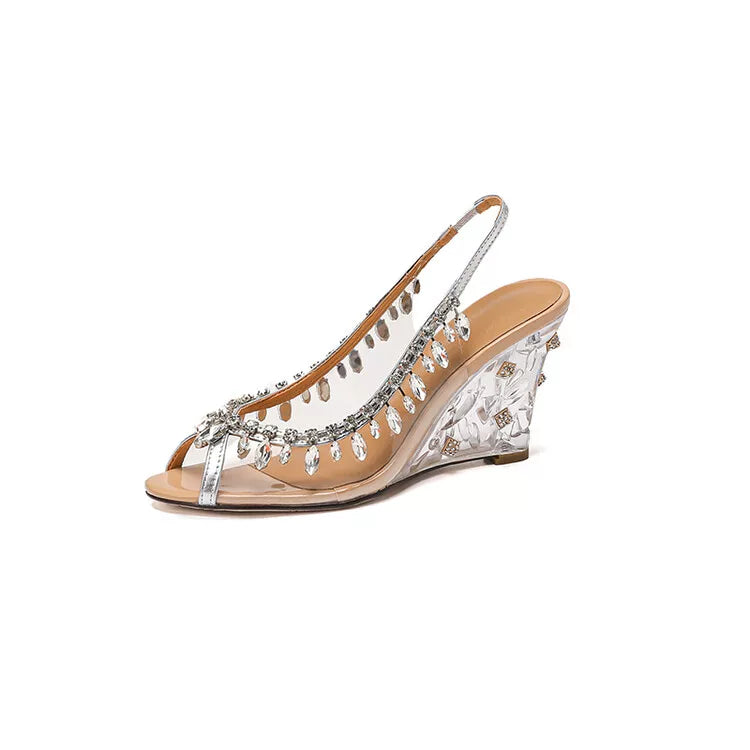Women's Clear Open Toe Crystal Wedge High Heel French-Inspired Sandals for Summer Weddings Beach Vacation Everyday Wear Travel Office