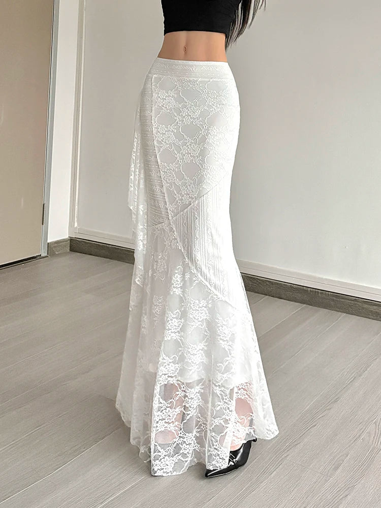 Women's White Lace Slim-fit Bodycon Mermaid High-waist French-inspired Skirt Midi