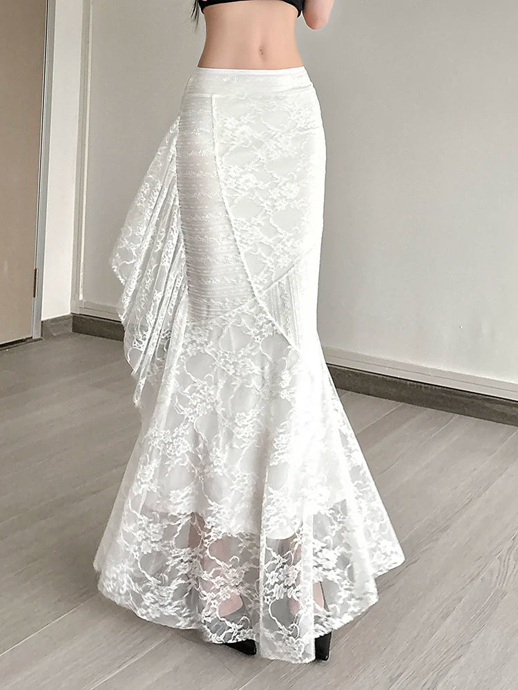 Women's White Lace Slim-fit Bodycon Mermaid High-waist French-inspired Skirt Midi