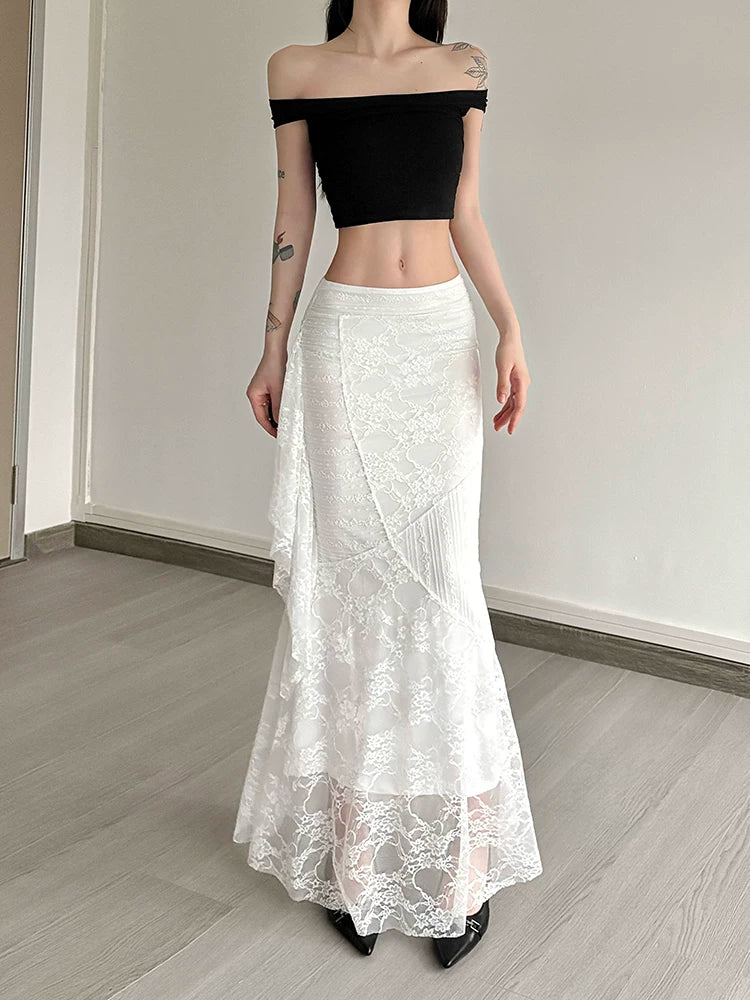 Women's White Lace Slim-fit Bodycon Mermaid High-waist French-inspired Skirt Midi