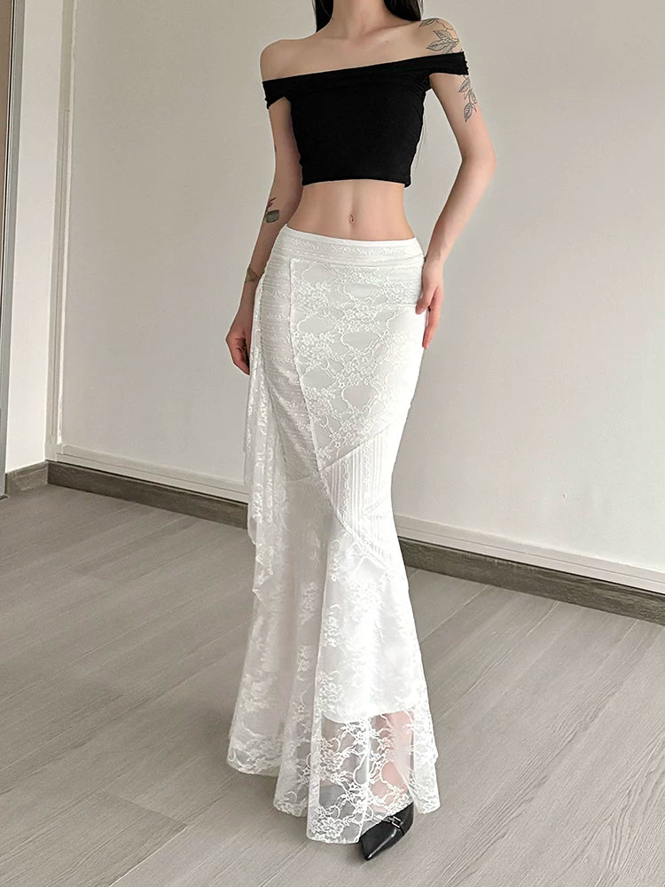 Women's White Lace Slim-fit Bodycon Mermaid High-waist French-inspired Skirt Midi