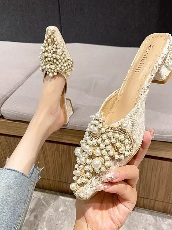 Pointed Toe Pearl Outdoor Mule Slippers for Women