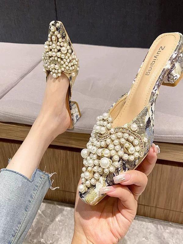 Pointed Toe Pearl Outdoor Mule Slippers for Women