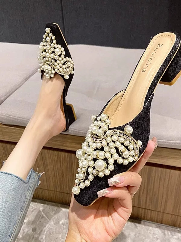 Pointed Toe Pearl Outdoor Mule Slippers for Women