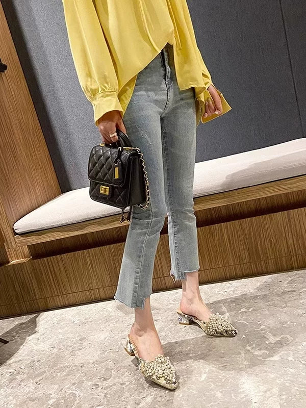Pointed Toe Pearl Outdoor Mule Slippers for Women
