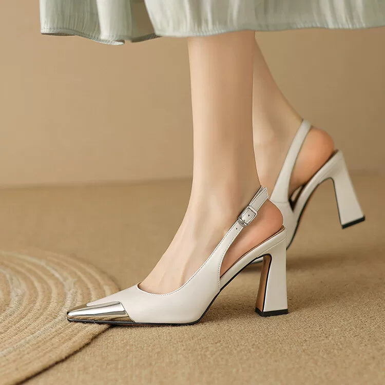 Women's Summer Leather Pointed Toe Closed Block Heel High Heel Tweed-Style Sandals for Beach Vacation Everyday Wear Travel Office Spring Summer