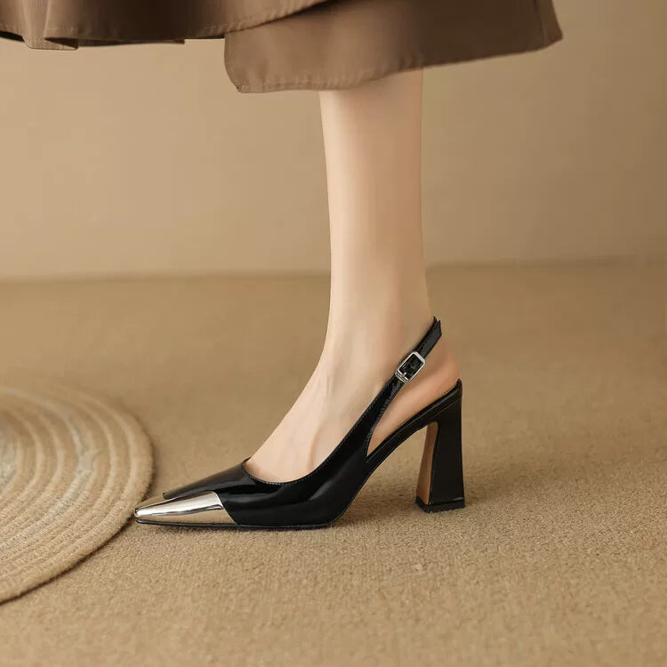 Women's Summer Leather Pointed Toe Closed Block Heel High Heel Tweed-Style Sandals for Beach Vacation Everyday Wear Travel Office Spring Summer