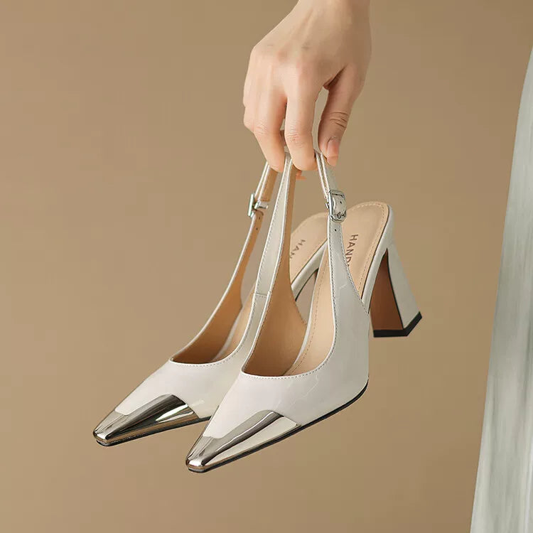 Women's Summer Leather Pointed Toe Closed Block Heel High Heel Tweed-Style Sandals for Beach Vacation Everyday Wear Travel Office Spring Summer
