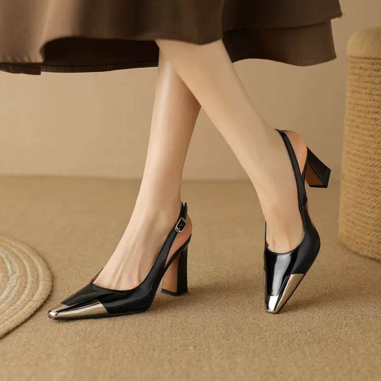 Women's Summer Leather Pointed Toe Closed Block Heel High Heel Tweed-Style Sandals for Beach Vacation Everyday Wear Travel Office Spring Summer