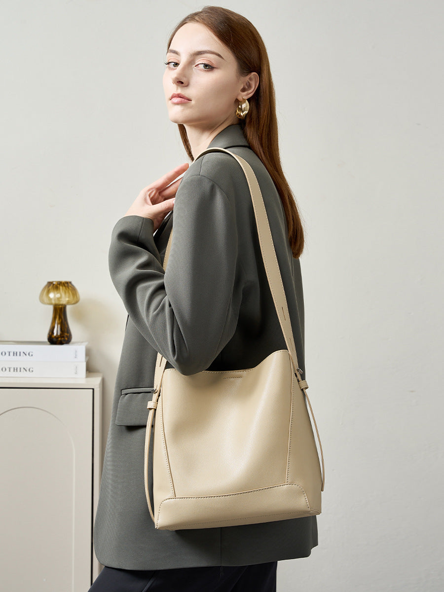 Women's Large-capacity Commute Office Leather Workwear Bucket Bag Drawstring Shoulder Purse Hobo for Everyday Use Travel Premium Versatile