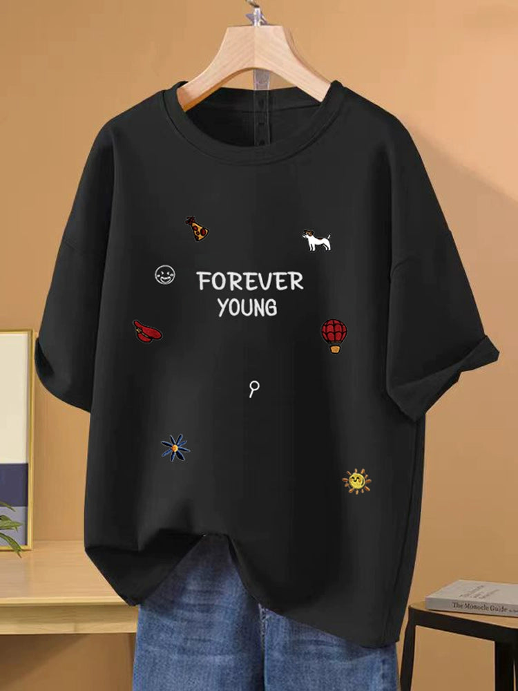 Women's Black Embroidered Plus Size Oversized Cropped T-Shirt Casual Tee for Date Night Streetwear Everyday Wear Summer Weekend