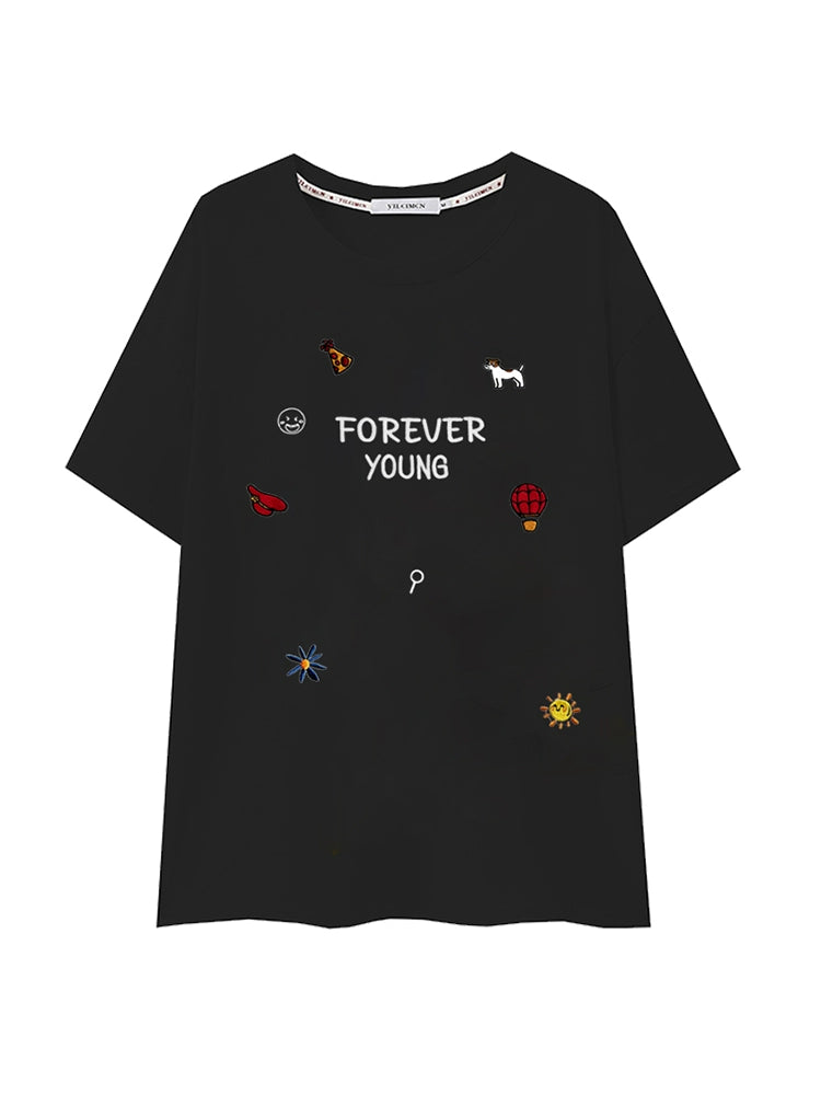 Women's Black Embroidered Plus Size Oversized Cropped T-Shirt Casual Tee for Date Night Streetwear Everyday Wear Summer Weekend