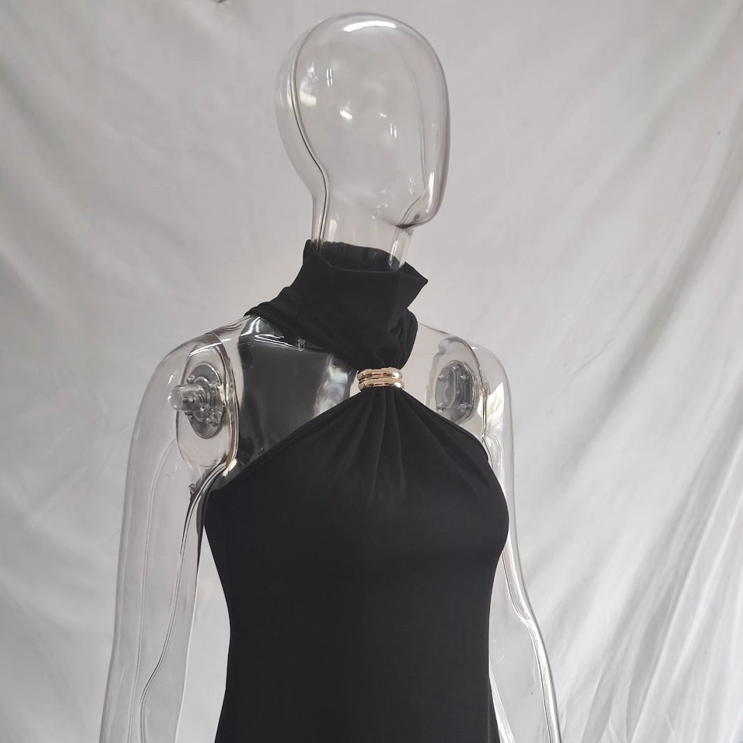 Women's Summer Metal Bodycon Sleeveless High-Waist Halter Evening Dress Cowl Neck Party Dress for Black Tie Wedding Guest Cocktail Prom Spring Summer