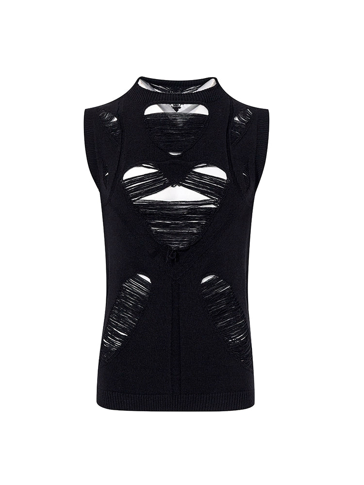 Men's Summer Black Sleeveless Cutout Sweater Knit Pullover Top for Casual Outfits Spring Travel