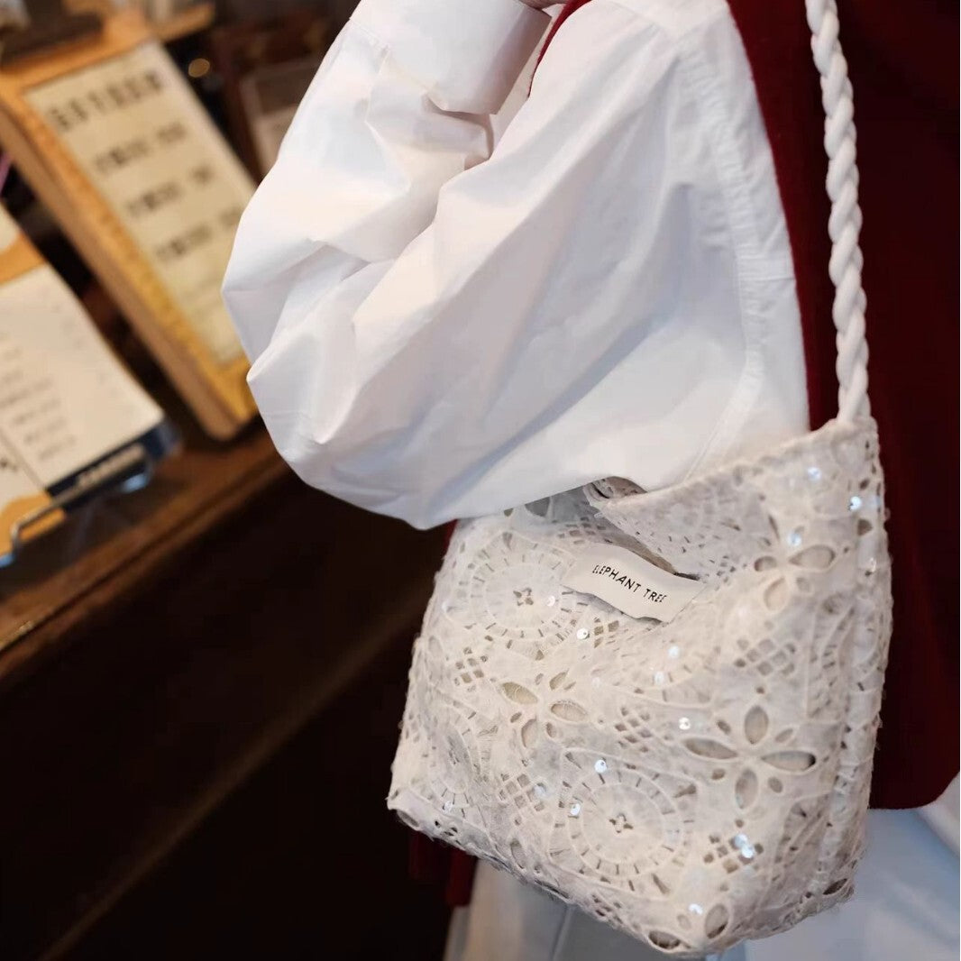 Women's Large-capacity Canvas Glitter Spring Summer Lace Bucket Bag Drawstring Shoulder Purse Hobo for Everyday Use Travel Versatile