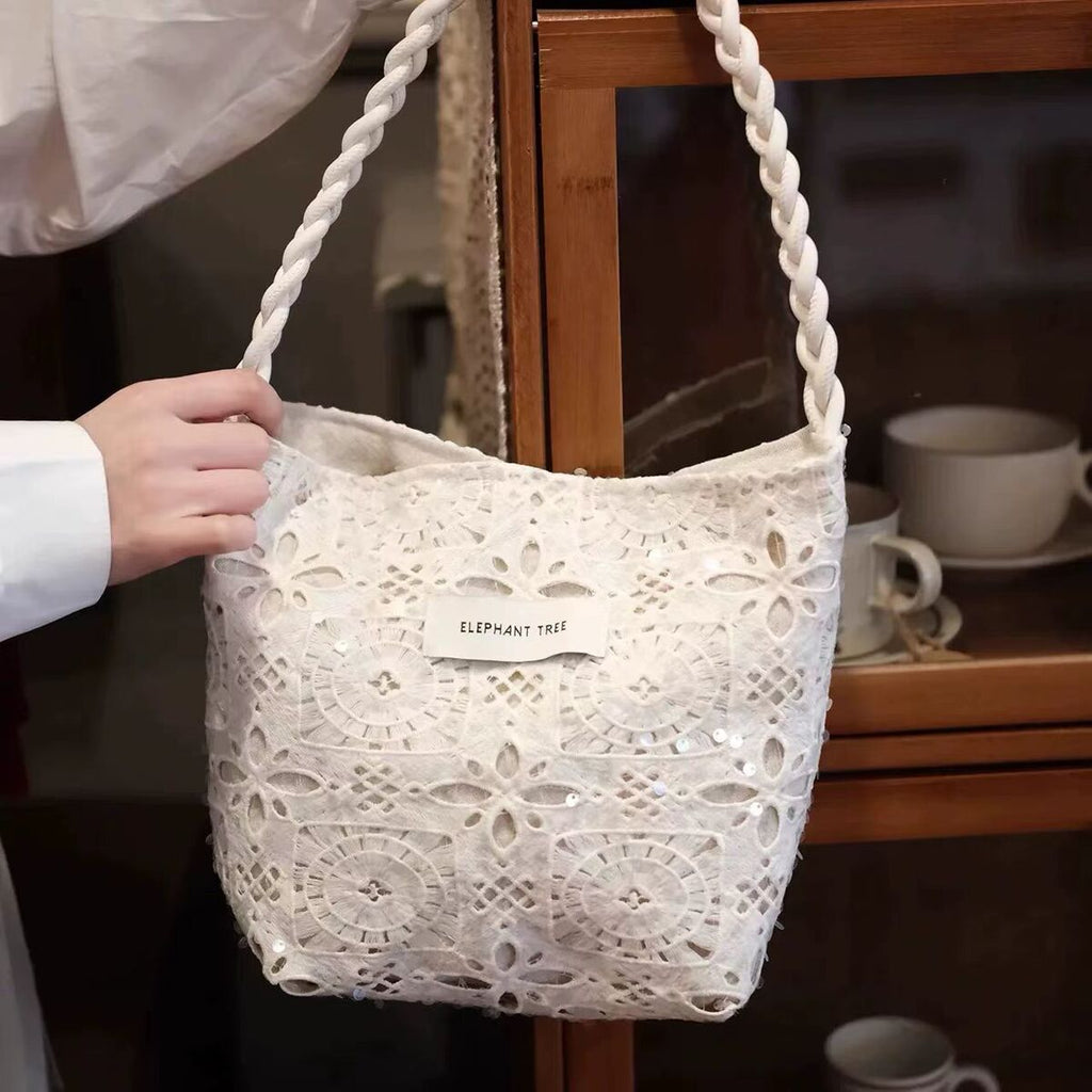 Women's Large-capacity Canvas Glitter Spring Summer Lace Bucket Bag Drawstring Shoulder Purse Hobo for Everyday Use Travel Versatile