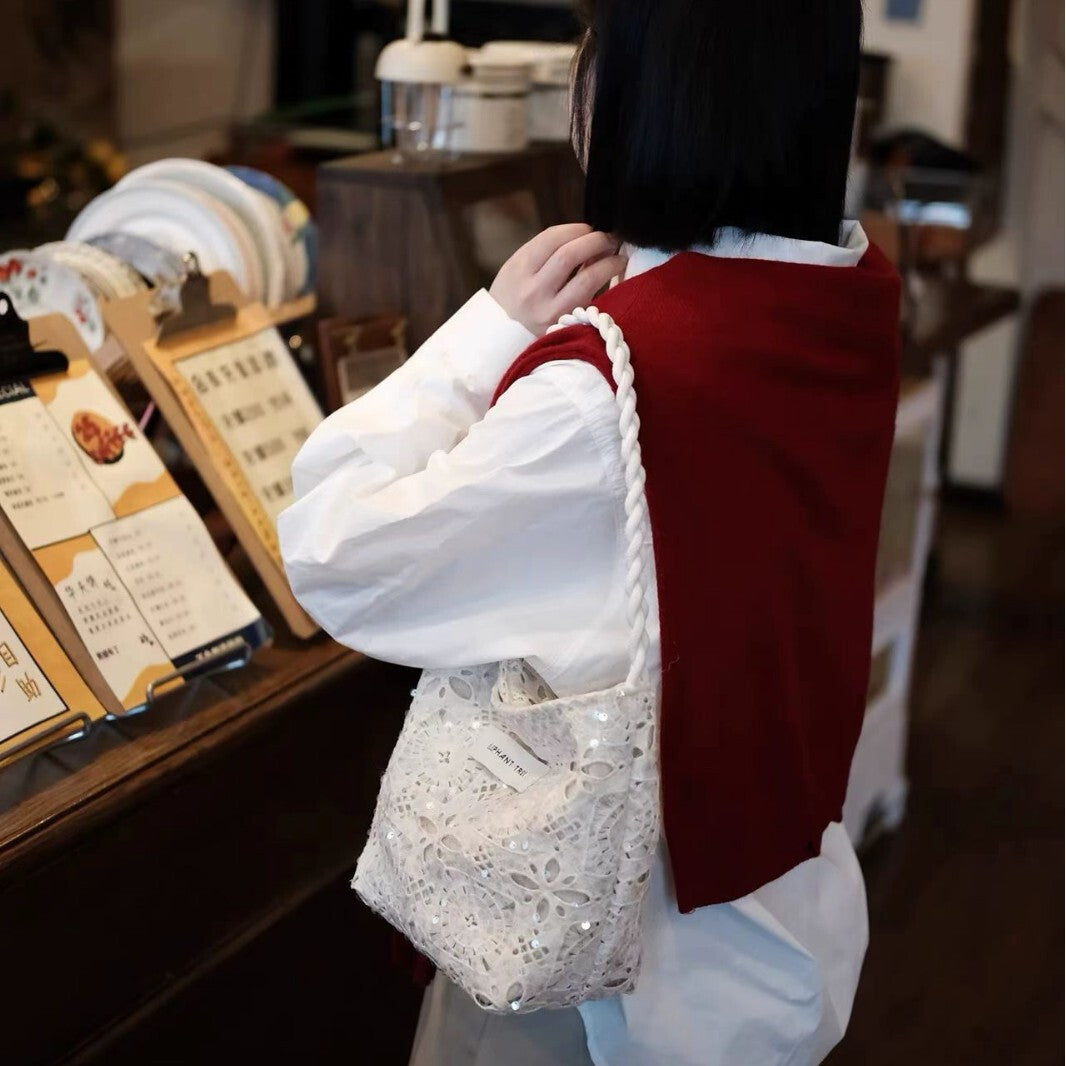 Women's Large-capacity Canvas Glitter Spring Summer Lace Bucket Bag Drawstring Shoulder Purse Hobo for Everyday Use Travel Versatile