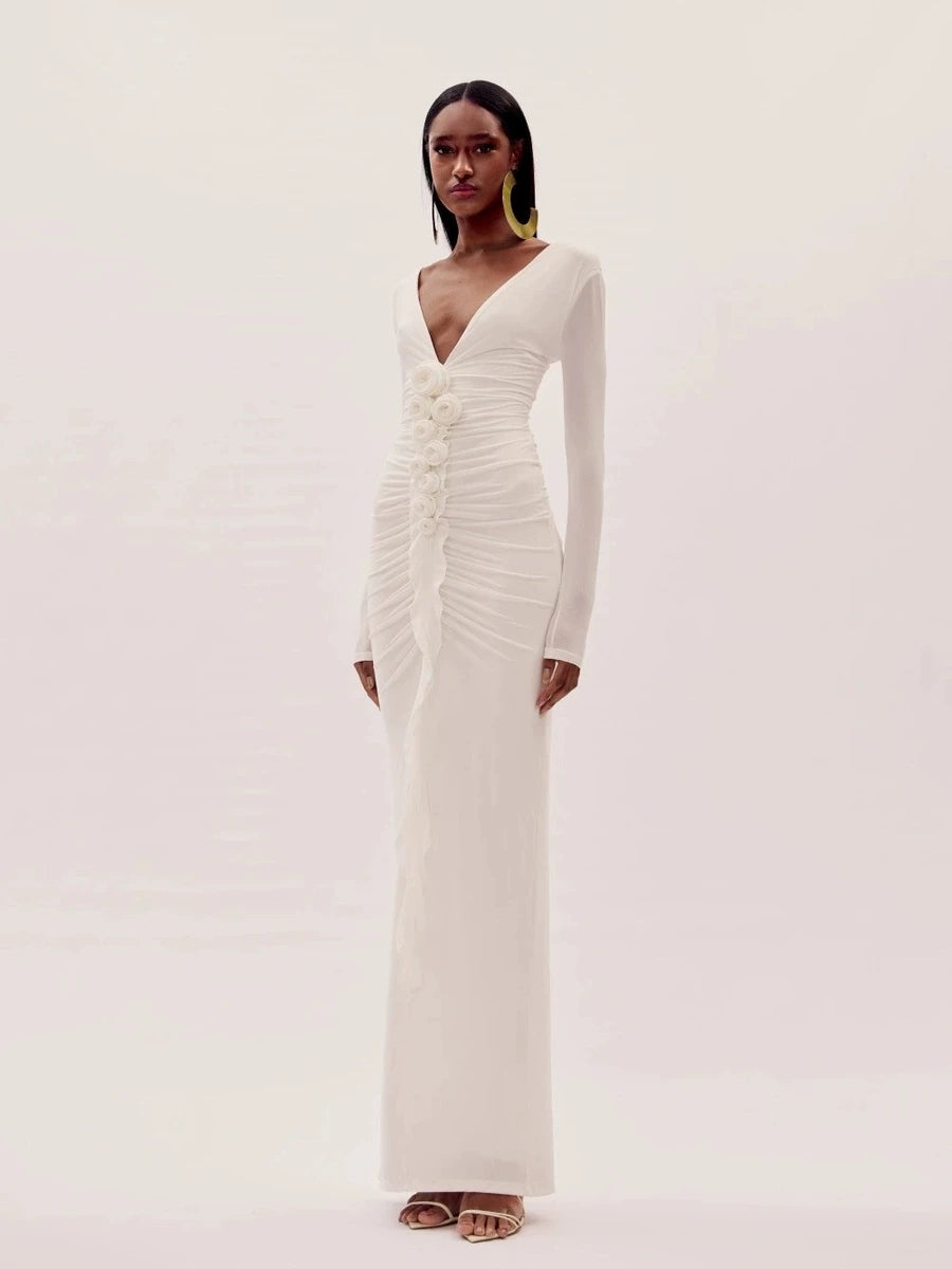 Women's White Maxi Floral Long Sleeve Party Evening Dress Formal Midi Dress for Black Tie Wedding Guest Cocktail Prom Date Night