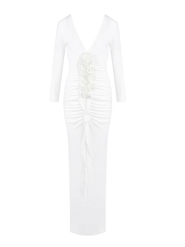 Women's White Maxi Floral Long Sleeve Party Evening Dress Formal Midi Dress for Black Tie Wedding Guest Cocktail Prom Date Night