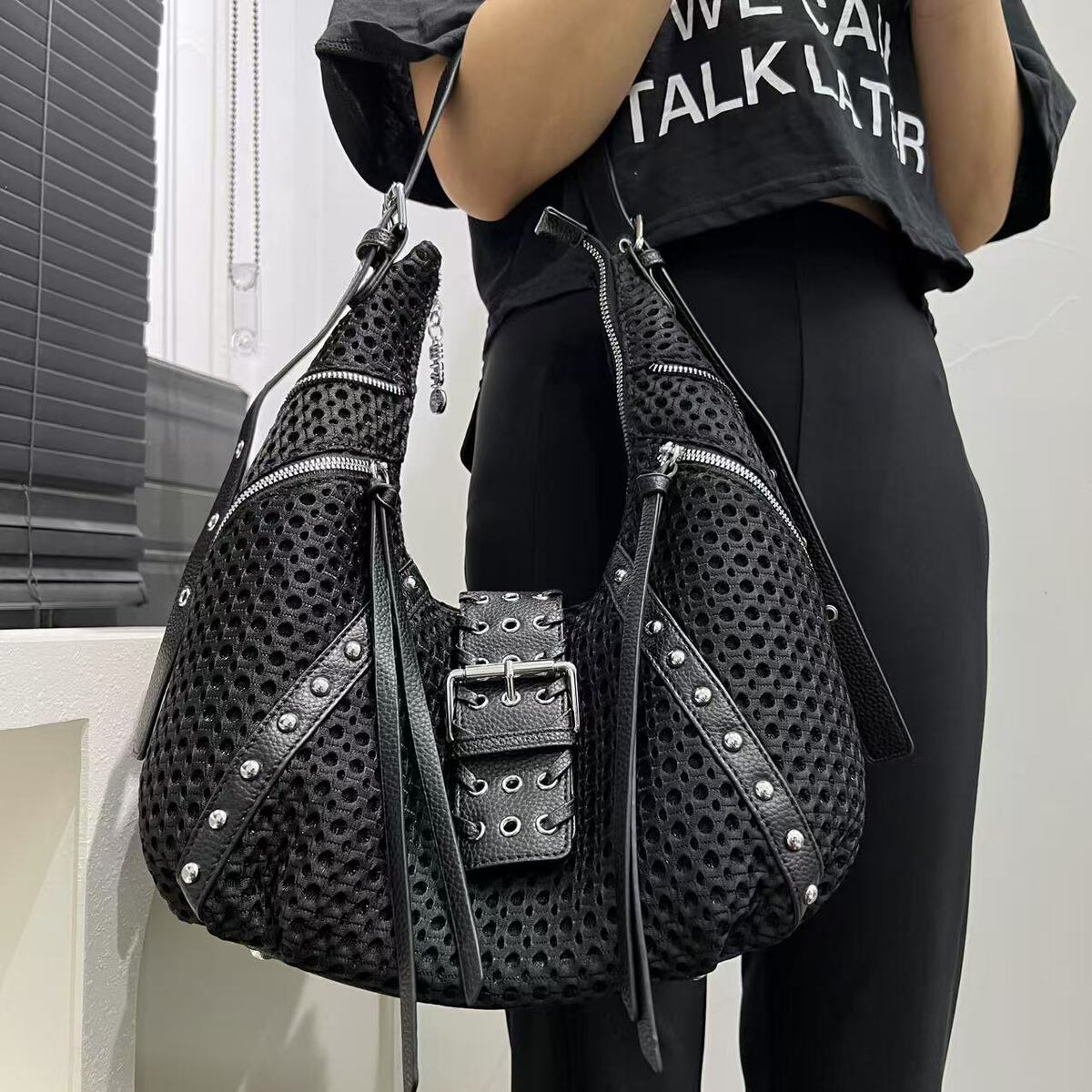 Women's Large-Capacity Streetwear Nylon Breathable Mesh Retro Tote Bag Shoulder Crossbody Purse Work and Travel Office