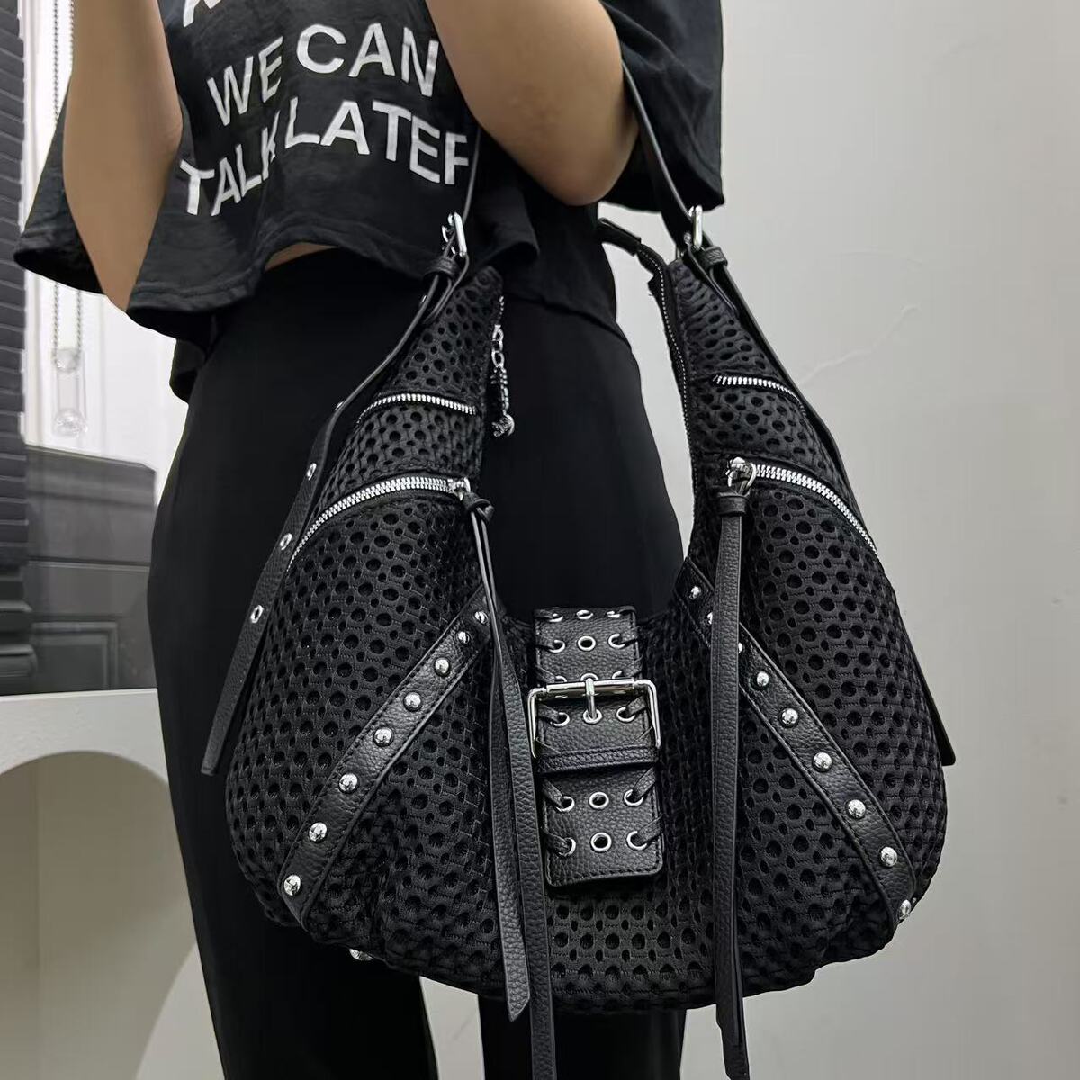 Women's Large-Capacity Streetwear Nylon Breathable Mesh Retro Tote Bag Shoulder Crossbody Purse Work and Travel Office
