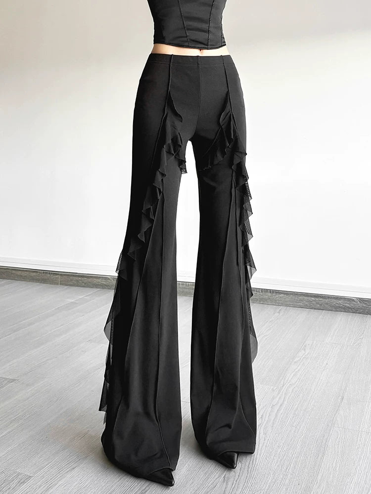 Women's Black Ruffle Slim-fit High-waist Casual Clothing Top Outfit Weekend Slimming