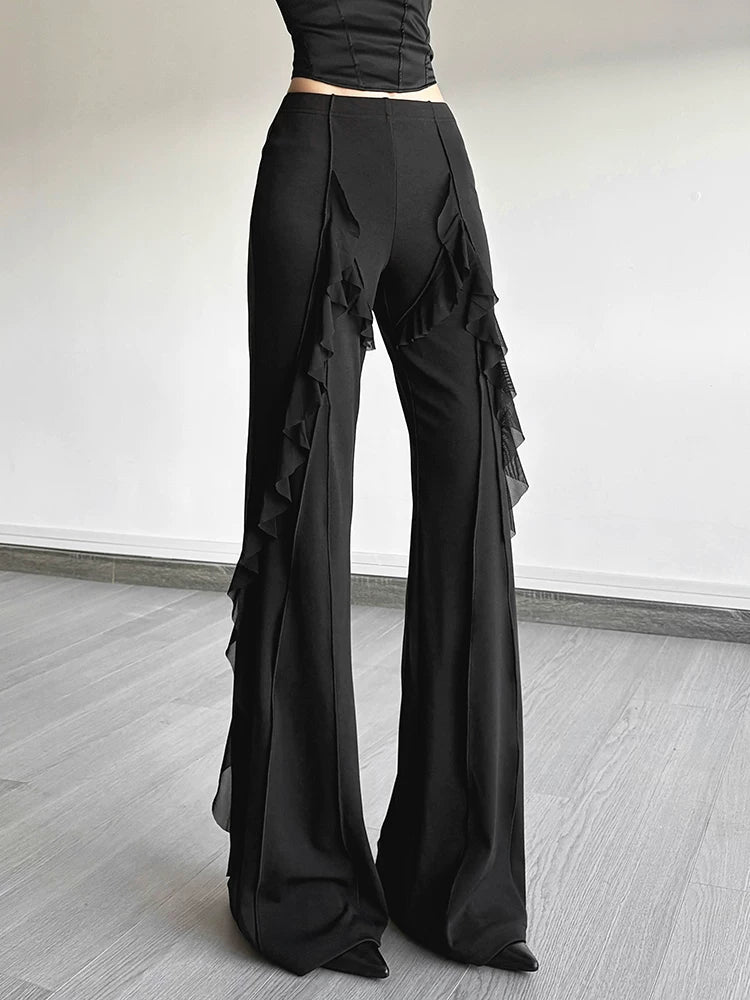 Women's Black Ruffle Slim-fit High-waist Casual Clothing Top Outfit Weekend Slimming