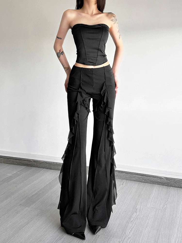 Women's Black Ruffle Slim-fit High-waist Casual Clothing Top Outfit Weekend Slimming