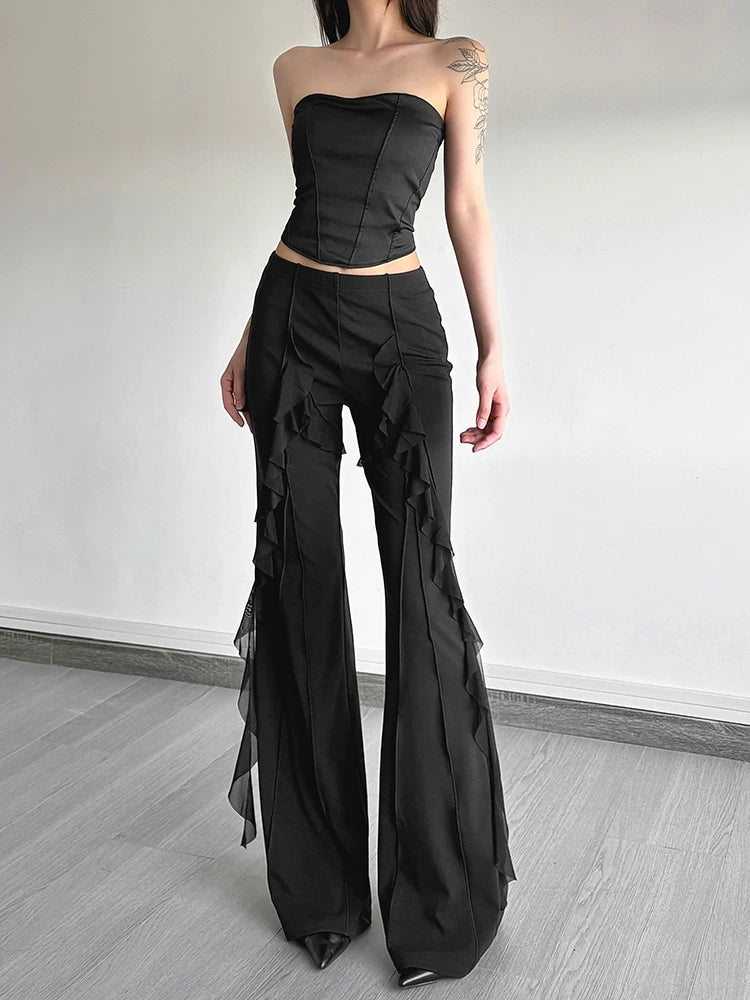 Women's Black Ruffle Slim-fit High-waist Casual Clothing Top Outfit Weekend Slimming