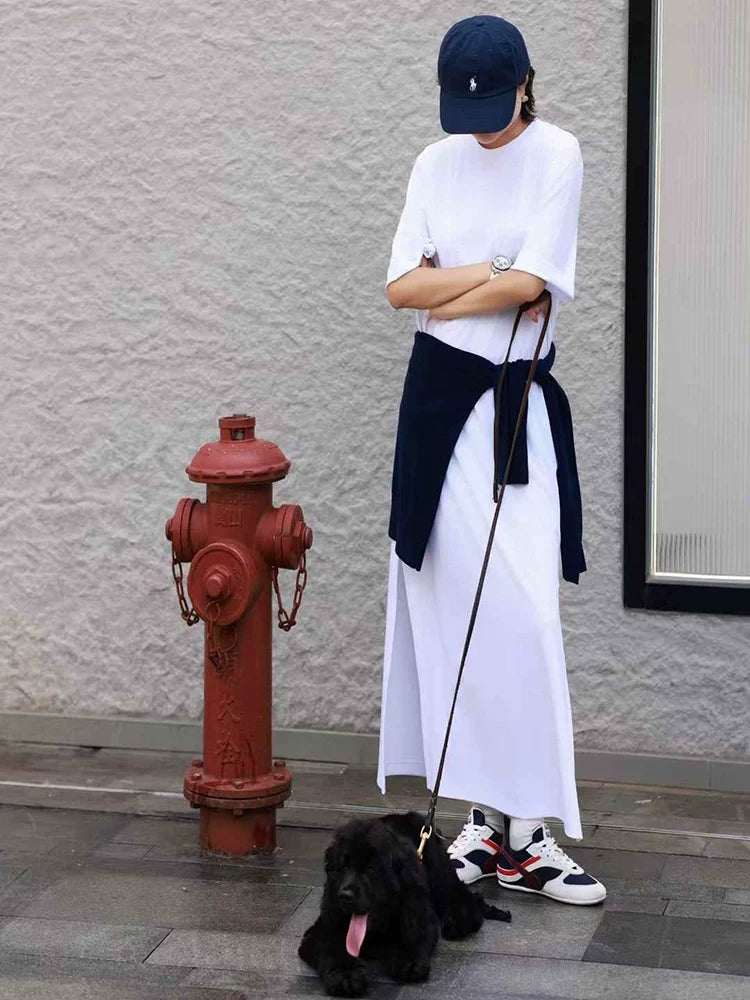 Women's Summer White Slit Oversized Cropped Casual Maxi Dress Long Vacation Dress for Wedding Guest Beach Travel Spring Summer Date Night