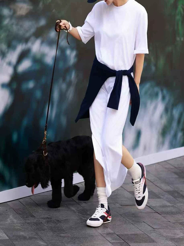Women's Summer White Slit Oversized Cropped Casual Maxi Dress Long Vacation Dress for Wedding Guest Beach Travel Spring Summer Date Night