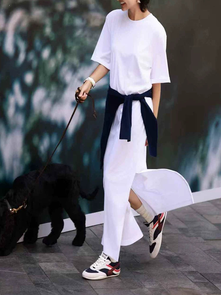 Women's Summer White Slit Oversized Cropped Casual Maxi Dress Long Vacation Dress for Wedding Guest Beach Travel Spring Summer Date Night