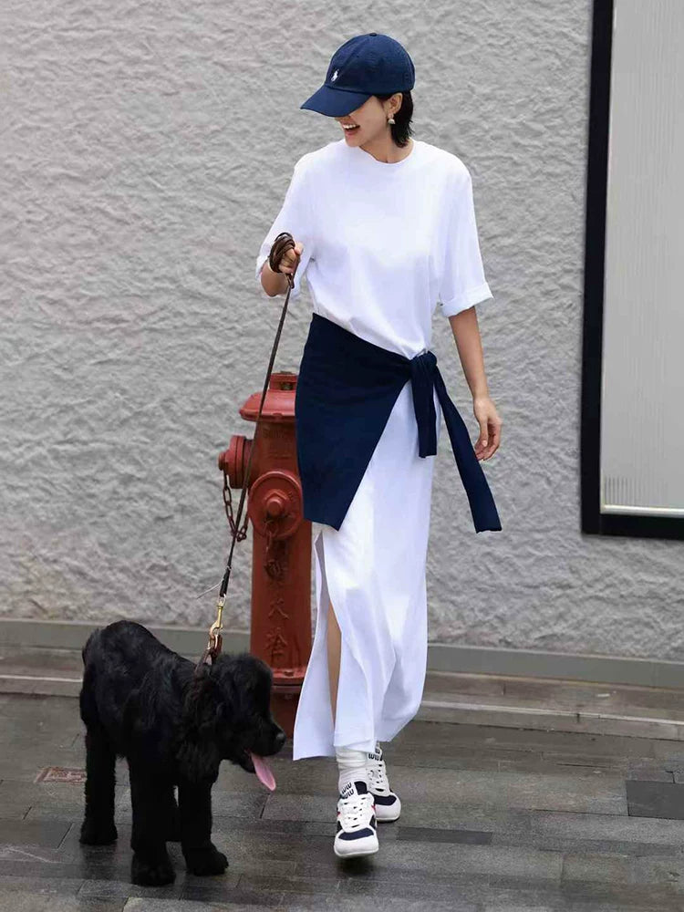 Women's Summer White Slit Oversized Cropped Casual Maxi Dress Long Vacation Dress for Wedding Guest Beach Travel Spring Summer Date Night
