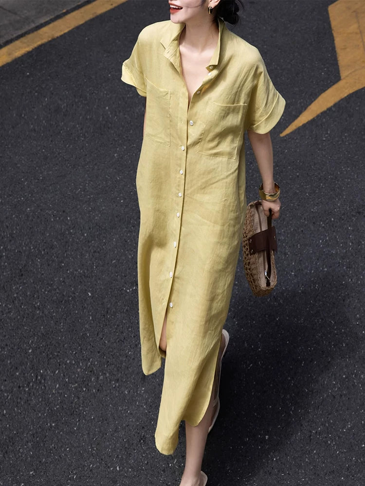 Women's Summer Slim-Waist Slit Maxi Shirt Dress Day Wedding Guest Date Night Business Casual Summer Travel