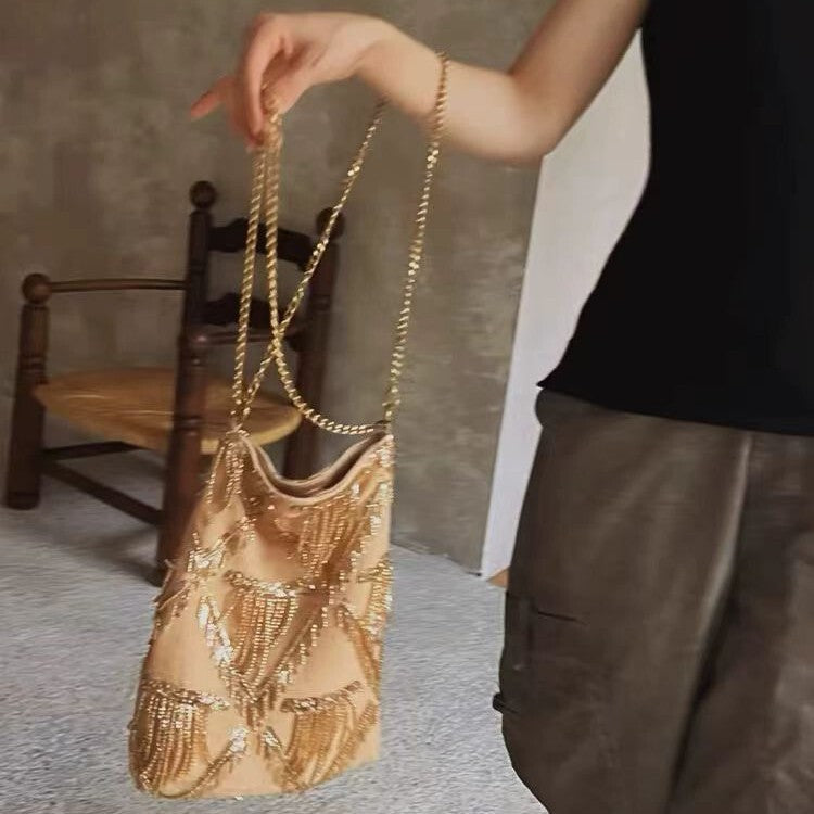 Women's Chinese Tassel Glitter Summer New Chinese-style Handbag Shoulder Crossbody Purse for Work and Travel Office School Modern Everyday Date Night