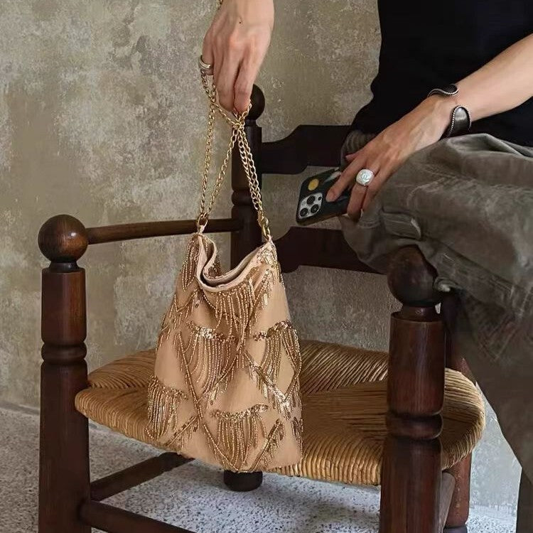 Women's Chinese Tassel Glitter Summer New Chinese-style Handbag Shoulder Crossbody Purse for Work and Travel Office School Modern Everyday Date Night