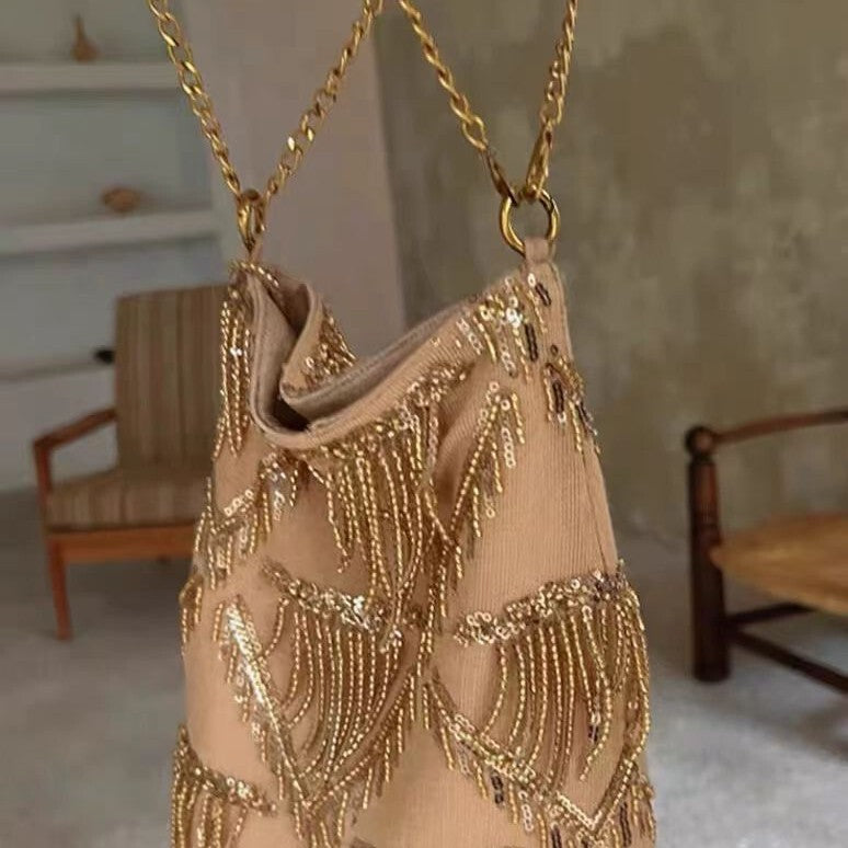 Women's Chinese Tassel Glitter Summer New Chinese-style Handbag Shoulder Crossbody Purse for Work and Travel Office School Modern Everyday Date Night