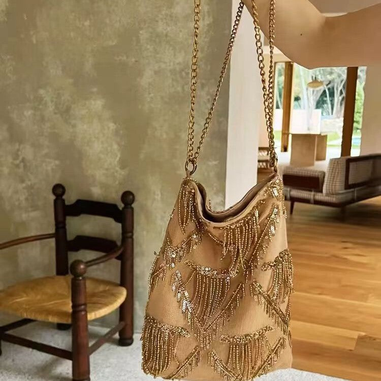 Women's Chinese Tassel Glitter Summer New Chinese-style Handbag Shoulder Crossbody Purse for Work and Travel Office School Modern Everyday Date Night