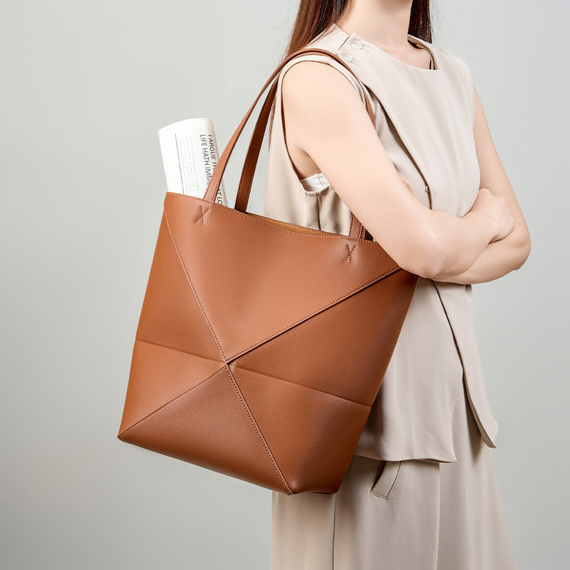 Women's Large-Capacity Geometric Leather Retro Tote Bag Shoulder Crossbody Purse Work and Travel Office