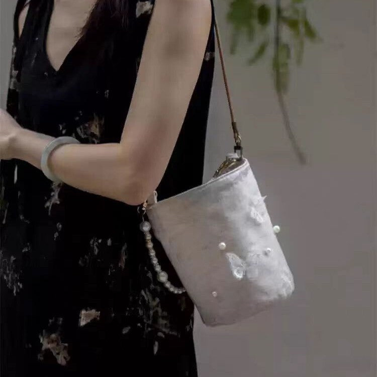 Women's Chinese Pearl New Chinese-style Bucket Bag Drawstring Shoulder Purse Hobo for Everyday Use Travel Work Modern Office School