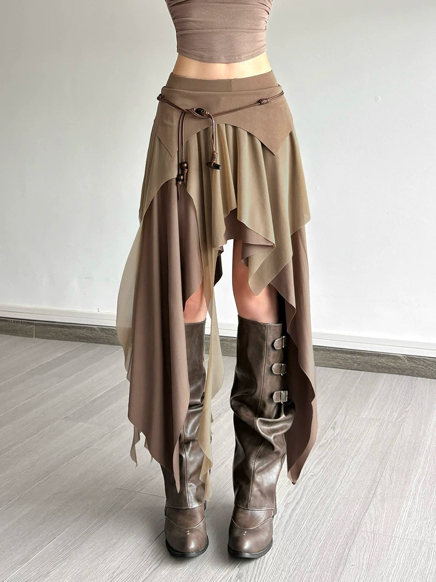 Women's High-waist Maxi Slim-fit Color-block Asymmetric Skirt Midi Office Slimming