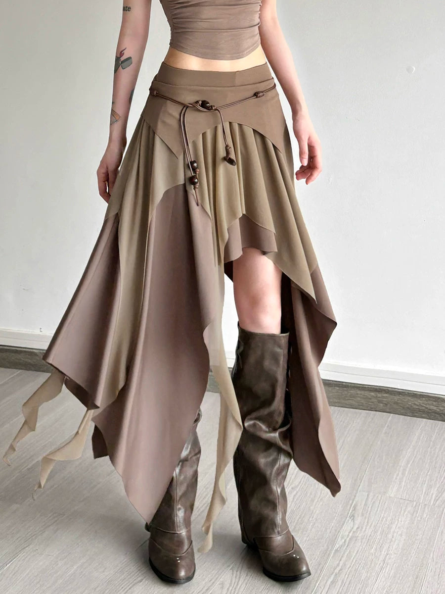 Women's High-waist Maxi Slim-fit Color-block Asymmetric Skirt Midi Office Slimming