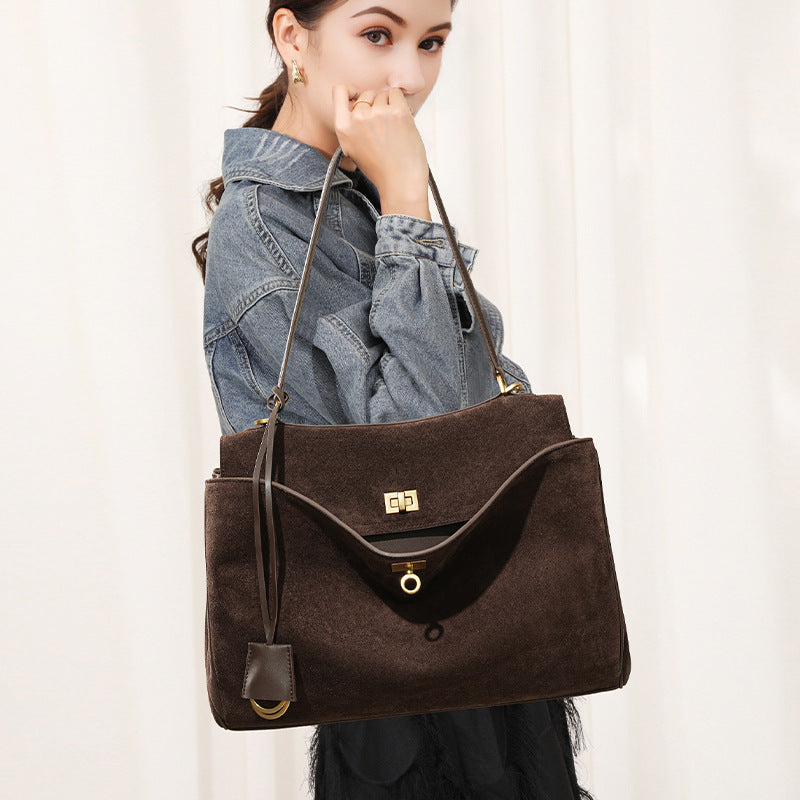 Women's Large-capacity Commute Frosted Office Leather Suede Workwear Tote Bag Shoulder Crossbody Purse Premium Work and Travel