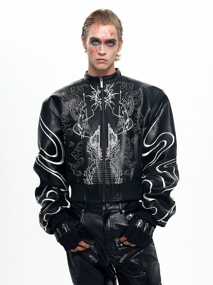 Men's Embroidered Mandarin Collar Cropped Jacket Casual Coat for Cold Weather Fall Travel Outdoor Holiday