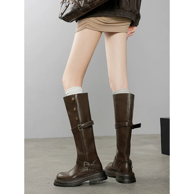 Women's Fall Winter Office Chunky Sole Round Toe Workwear Tall Riding Boots for Cold Weather Streetwear and Weekend Everyday Wear